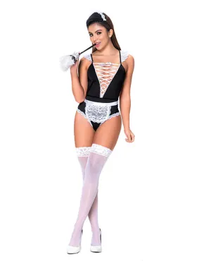3 Pc French Maid Bodysuit, Apron & Head Piece Black/white