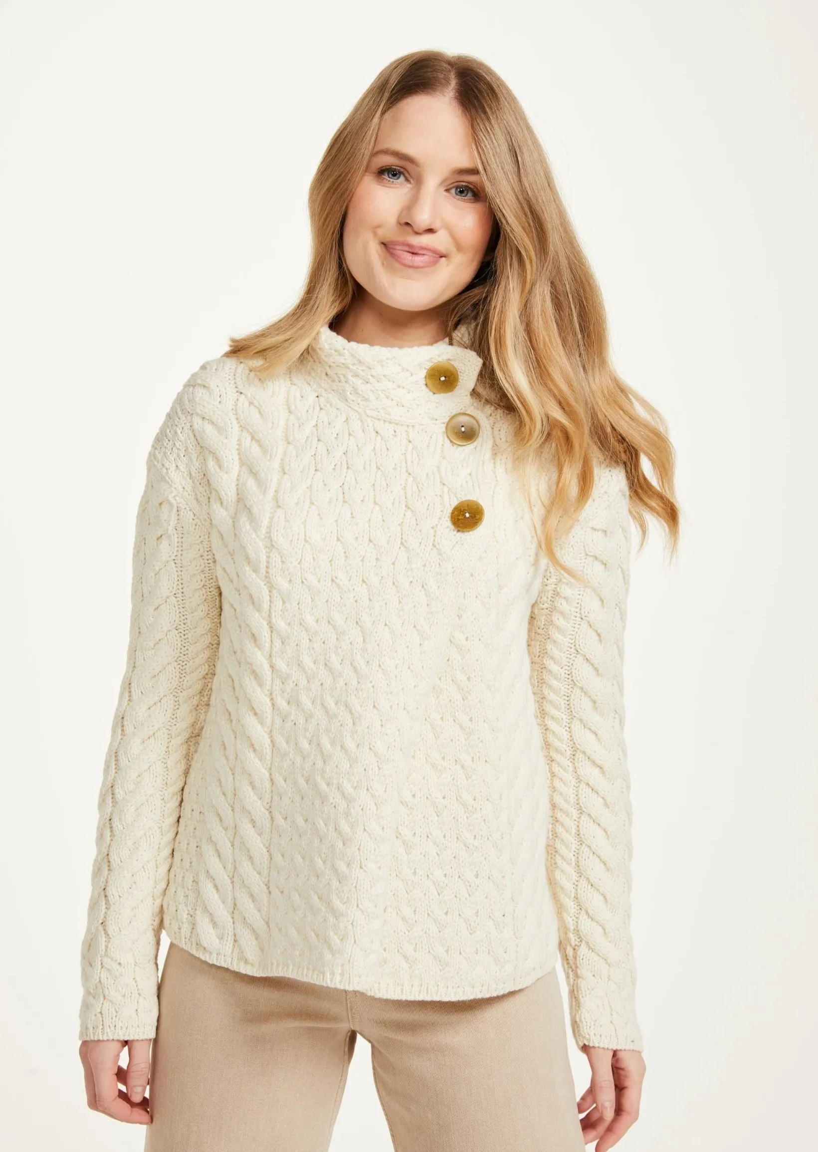 Aran 3 Buttons Trellis Cardigan | Natural