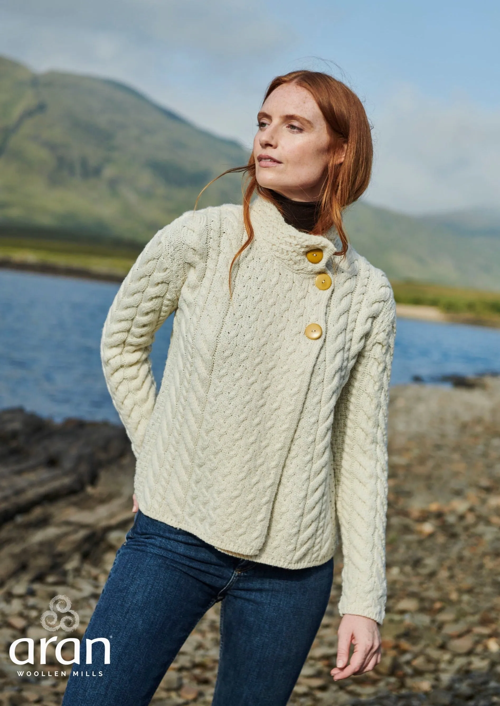 Aran 3 Buttons Trellis Cardigan | Natural