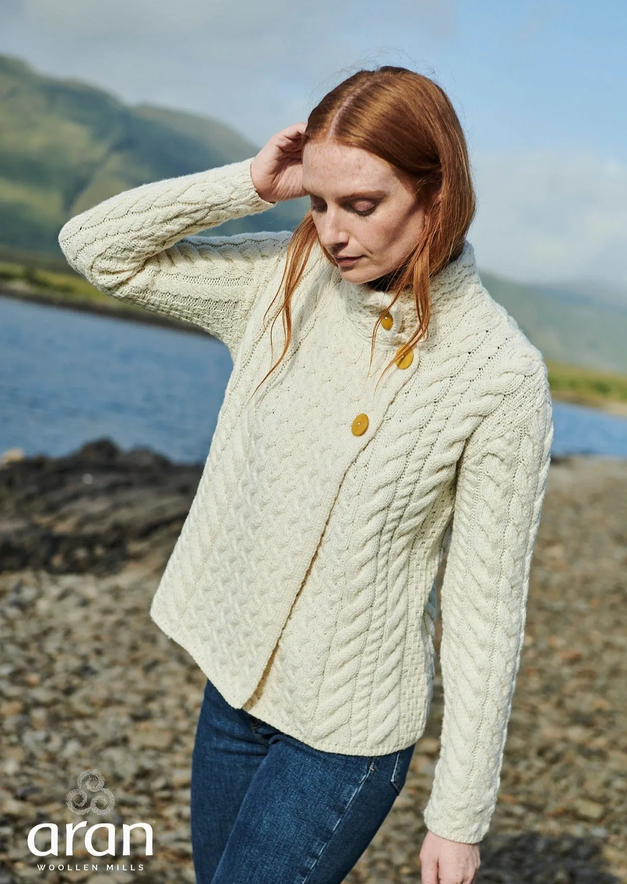 Aran 3 Buttons Trellis Cardigan | Natural