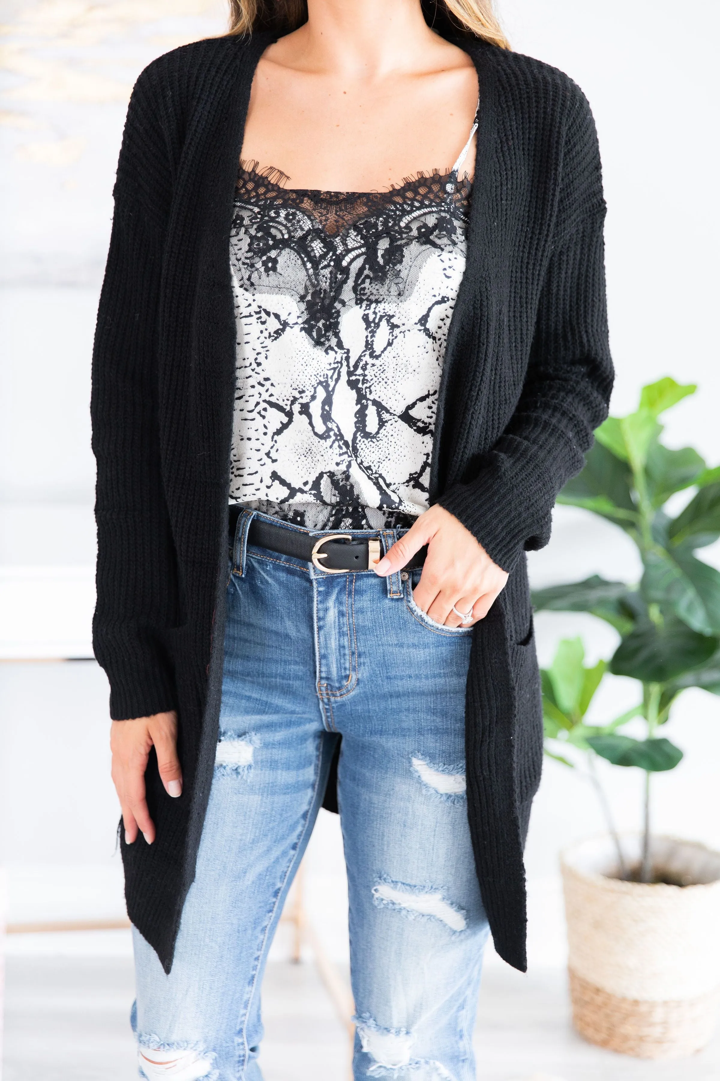 Been Here Waiting Classic Black Long Cardigan