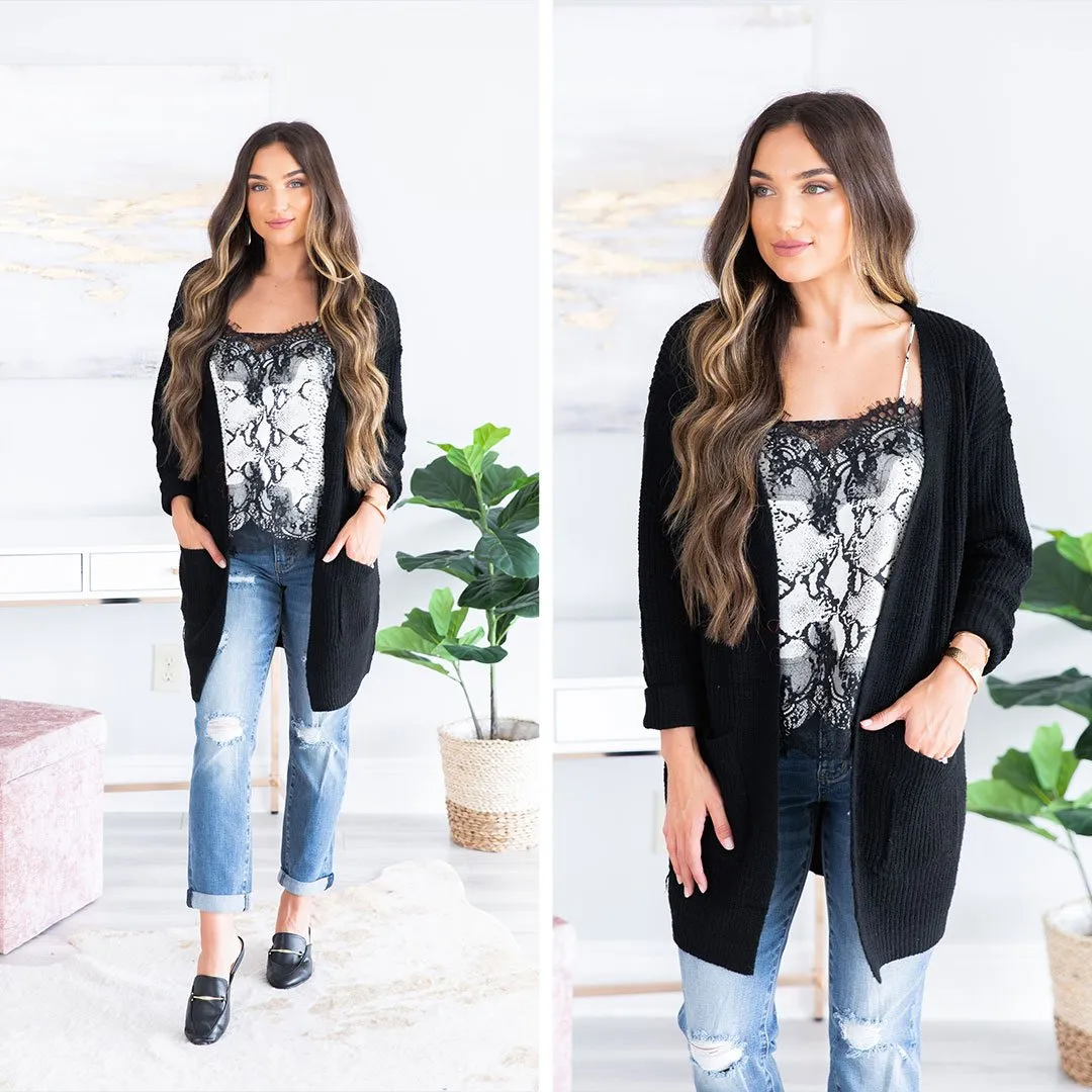 Been Here Waiting Classic Black Long Cardigan
