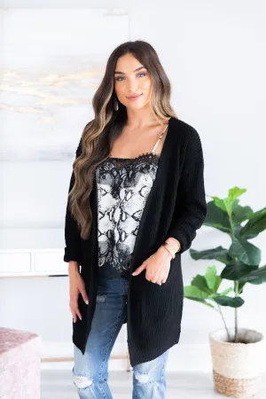 Been Here Waiting Classic Black Long Cardigan