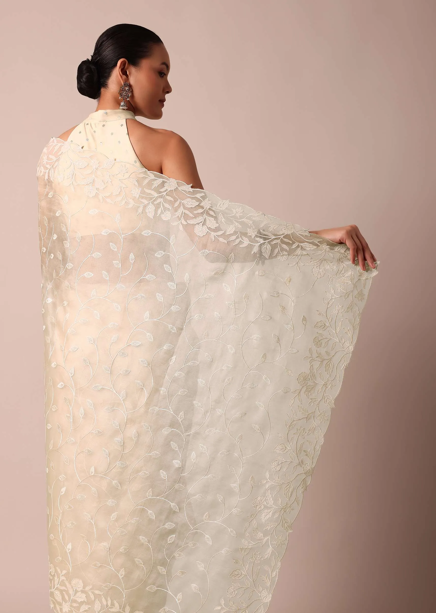 Beige Soft Organza Saree With Floral Work And Unstitched Blouse Piece