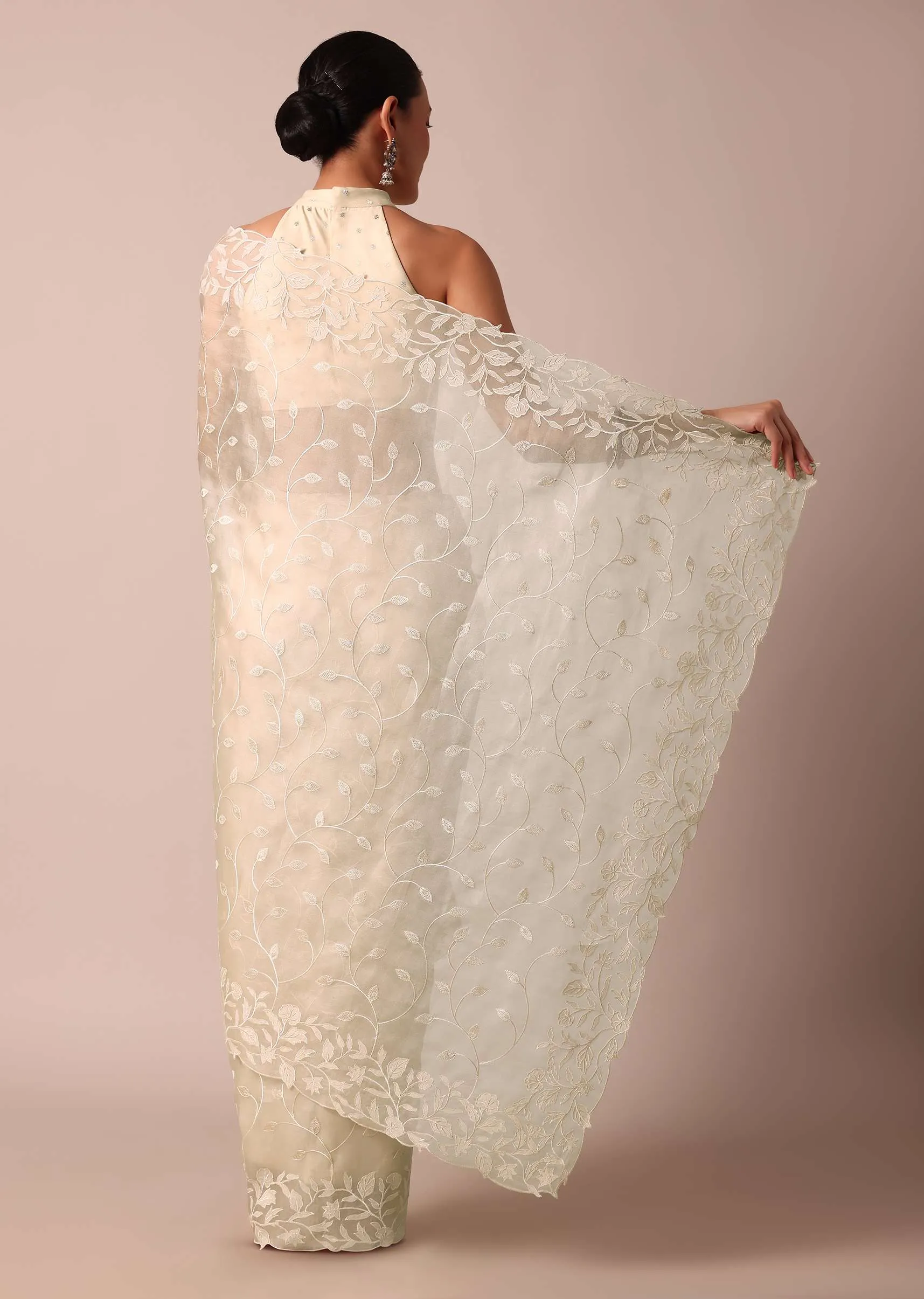 Beige Soft Organza Saree With Floral Work And Unstitched Blouse Piece