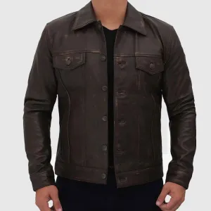 Best Quality Dark Brown Leather Trucker Jacket Mens