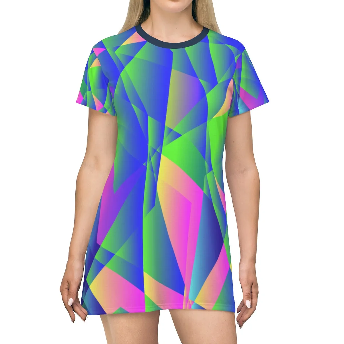 Blue Diamond Print Dress, Geometric Print Crew Neck T-shirt Women's Dress-Made in USA