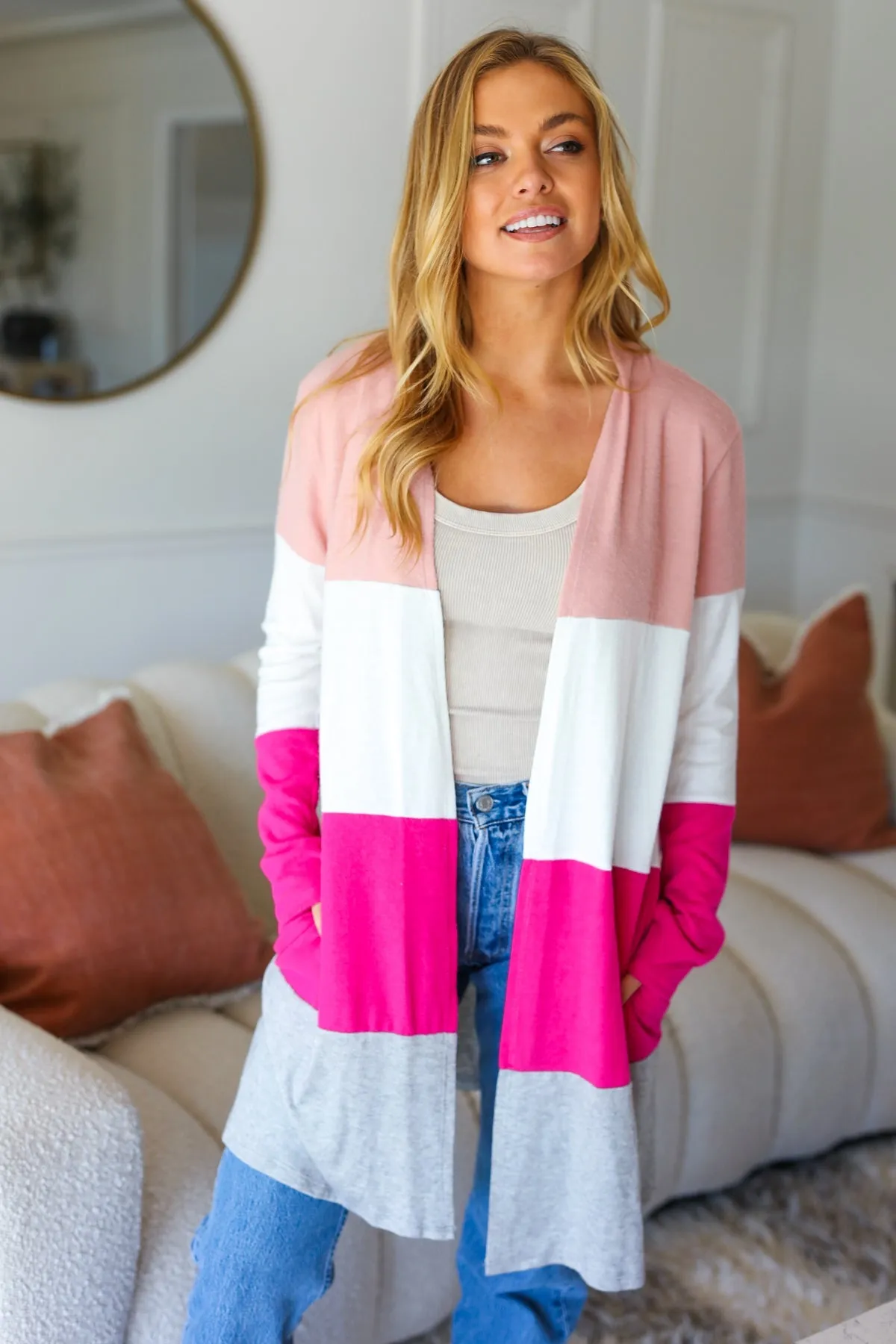 Blush Wide Stripe Hacci Colorblock Cardigan