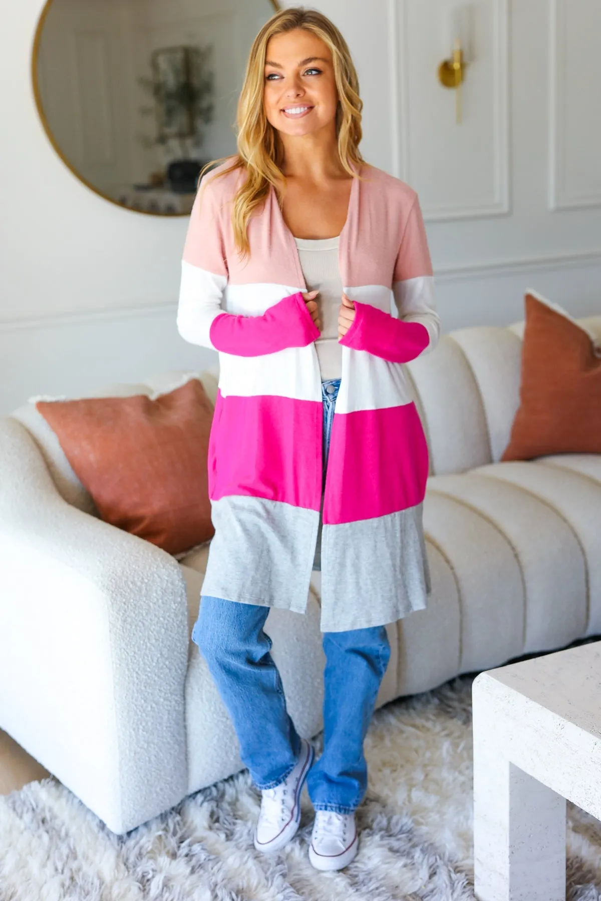 Blush Wide Stripe Hacci Colorblock Cardigan