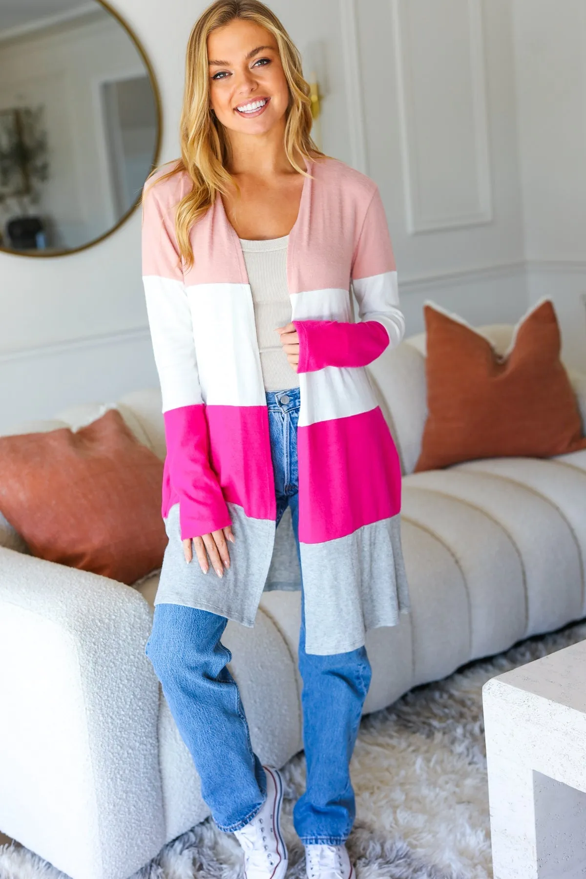 Blush Wide Stripe Hacci Colorblock Cardigan