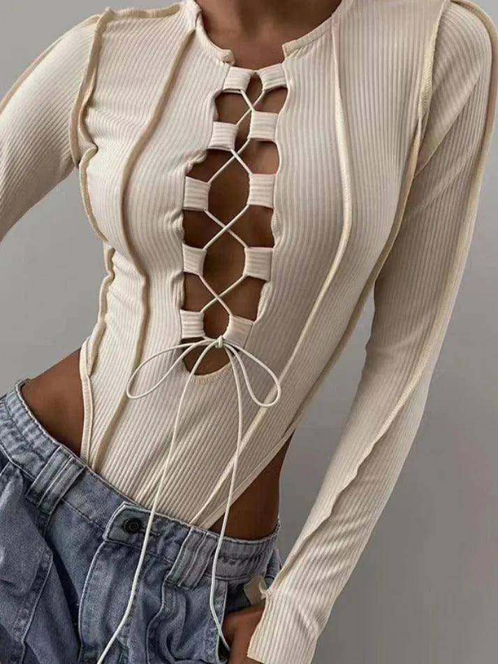 Cutout Cross Lace Up Bodysuit