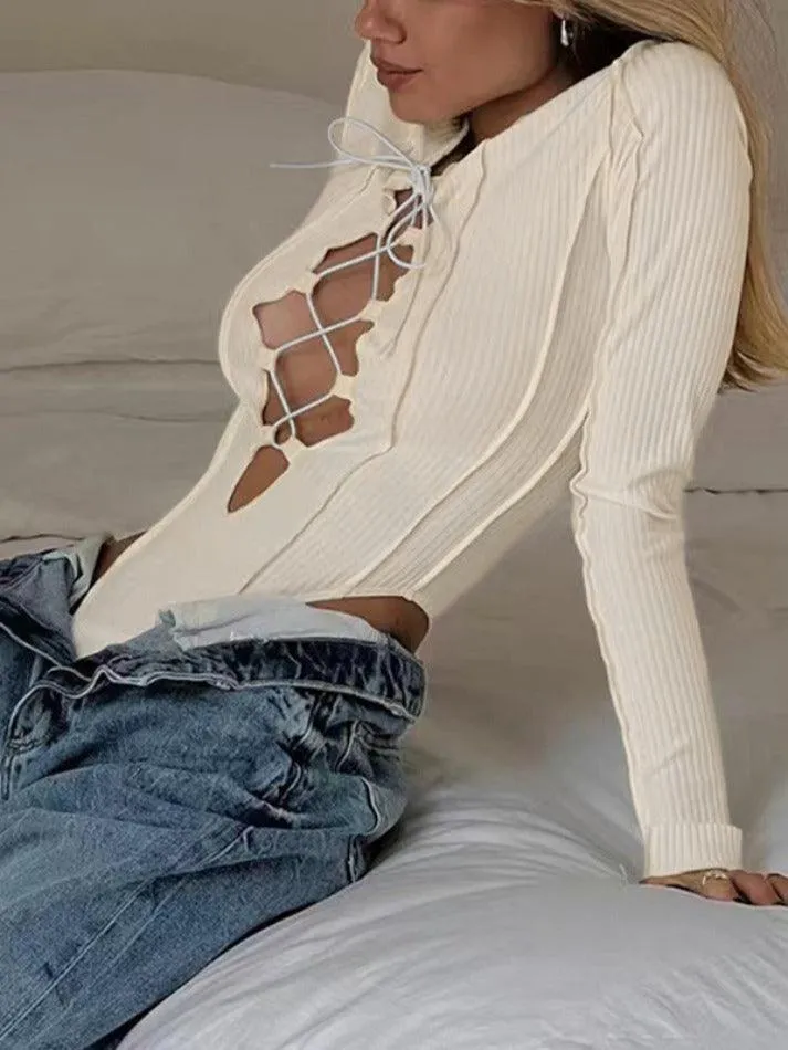Cutout Cross Lace Up Bodysuit