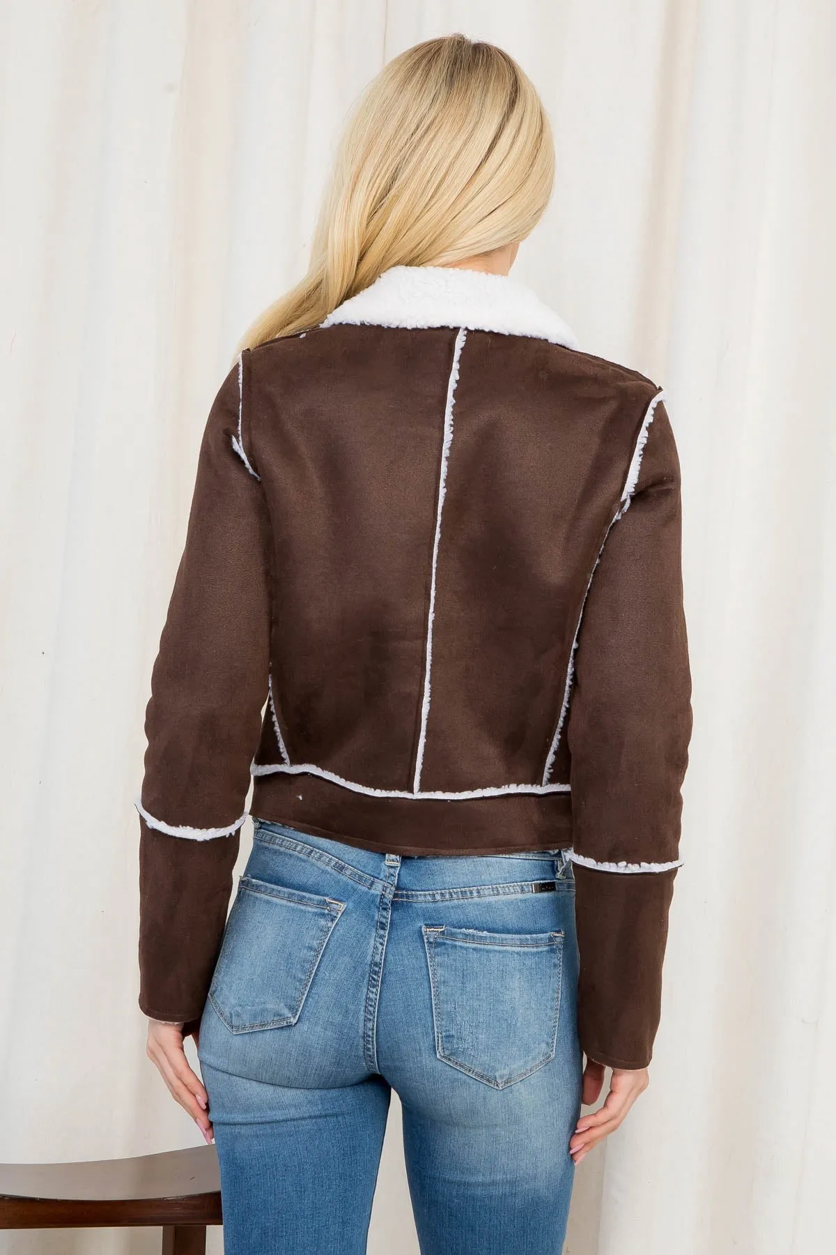DARK BROWN LONG SLEEVE LAPEL COLLAR ZIP FRONT SPLICED DETAIL SHERPA-LINED JACKET (NOW $6.50 ONLY! )