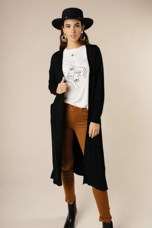 Duster Open Knit Cardigan in Black