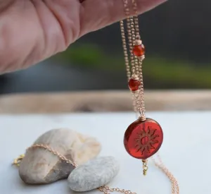 Fire Woman. Bohemian Necklace with Bronze, Fire Agate, Carnelian Stones Sun Charm Pendant | Earthy, Spiritual Jewelry