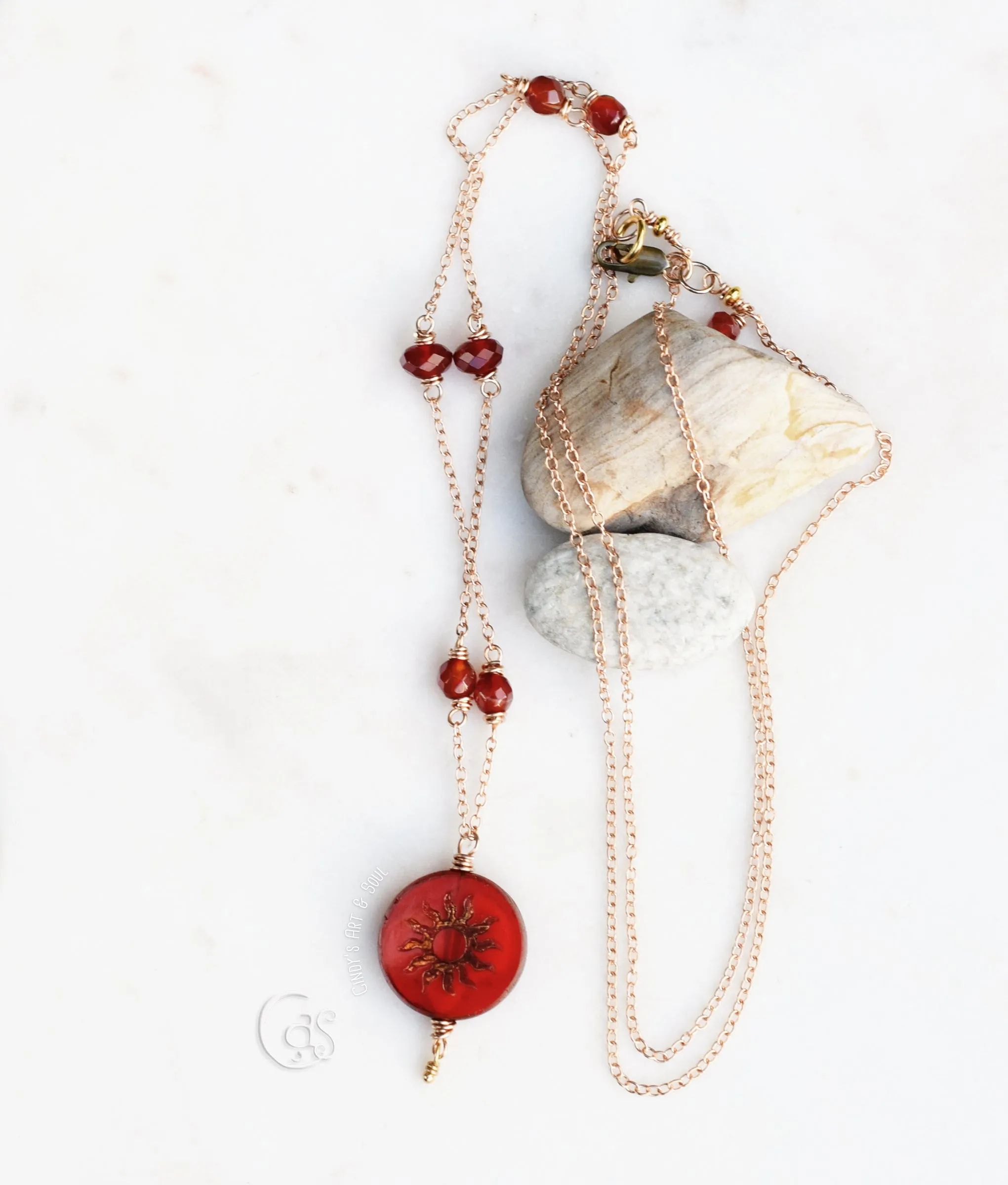 Fire Woman. Bohemian Necklace with Bronze, Fire Agate, Carnelian Stones Sun Charm Pendant | Earthy, Spiritual Jewelry