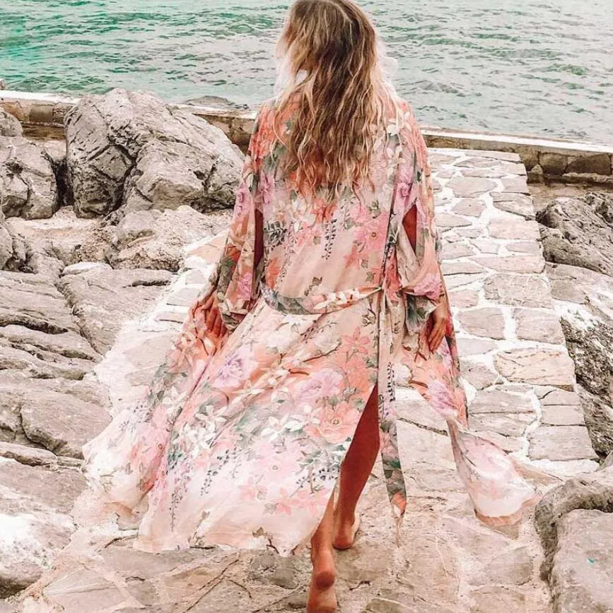Floral Print Long Kimono