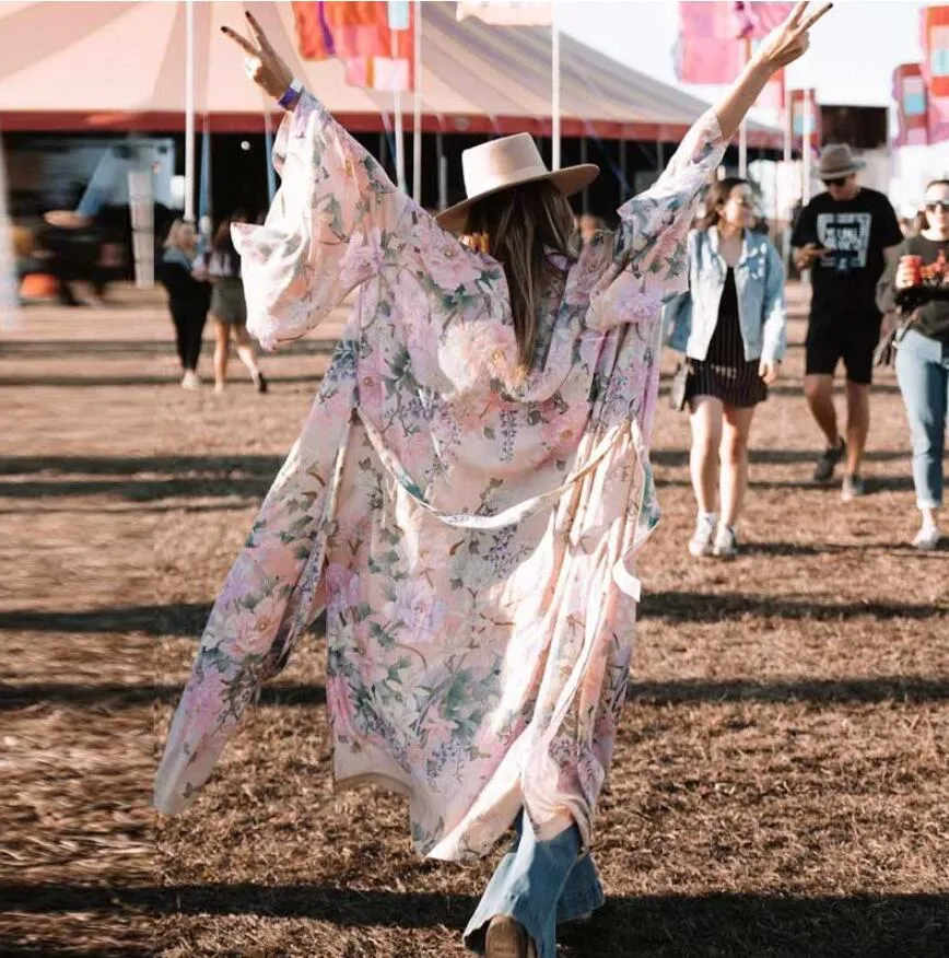 Floral Print Long Kimono