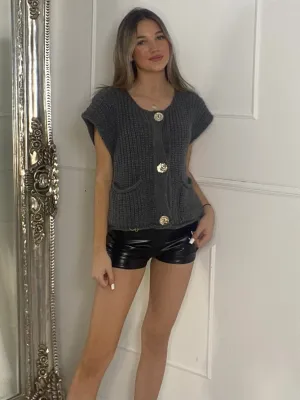 Gold Button Short Sleeve Cardigan - Grey