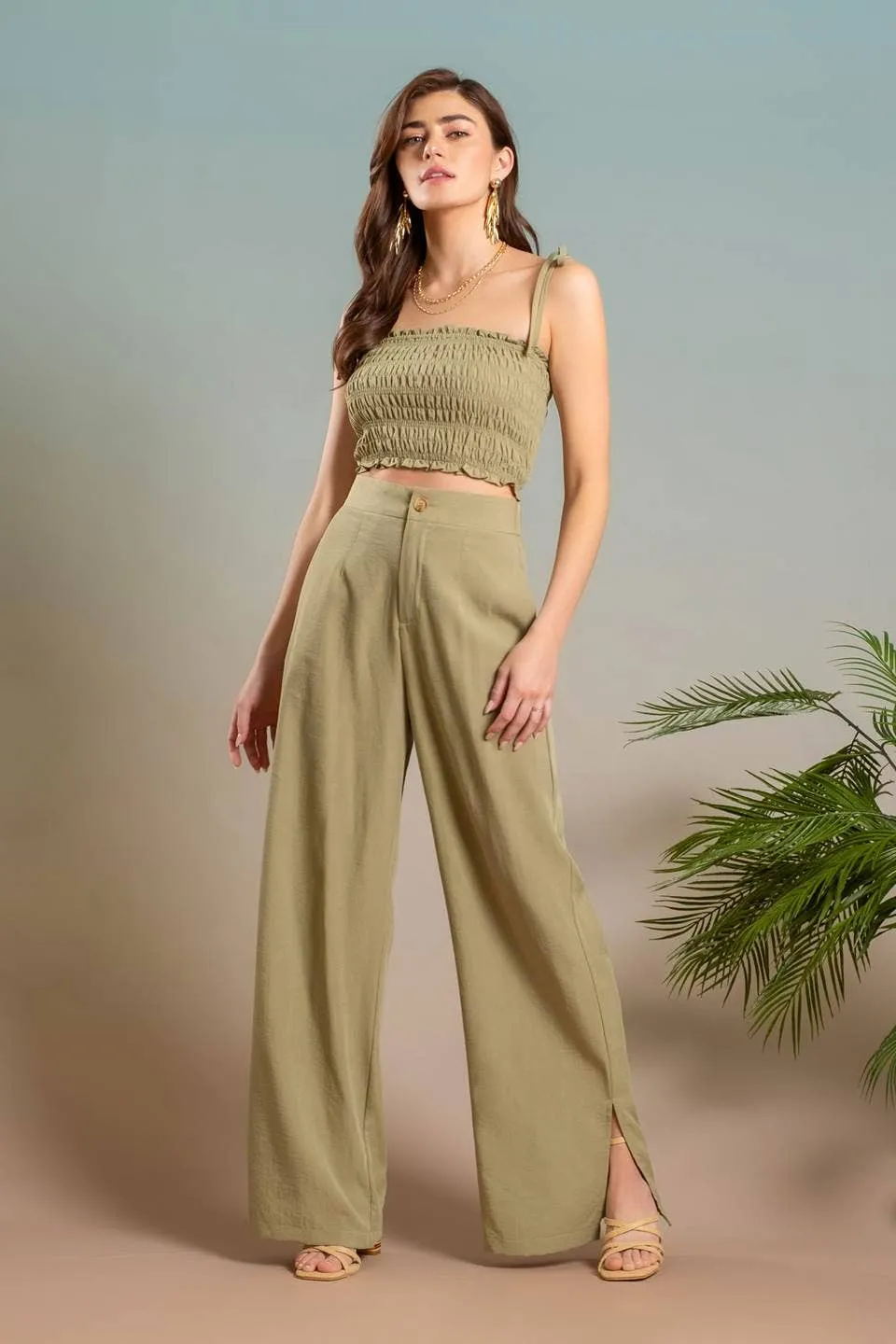 HIGH WAIST WIDE SPLIT LEG DRESS PANTS: ORANGE