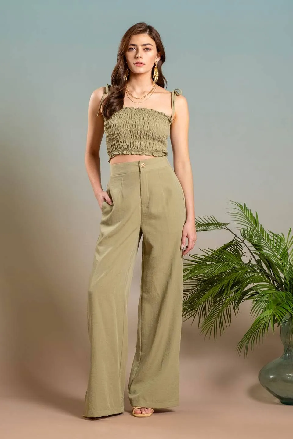HIGH WAIST WIDE SPLIT LEG DRESS PANTS: ORANGE