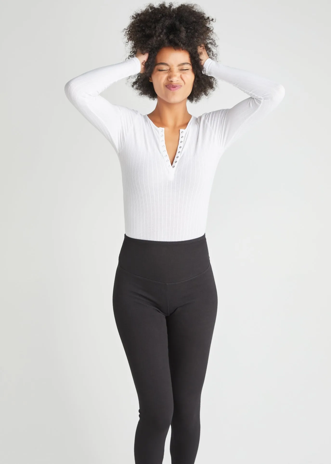 Katrina Henley Long Sleeve Thong Bodysuit - Cotton Rib Seamless