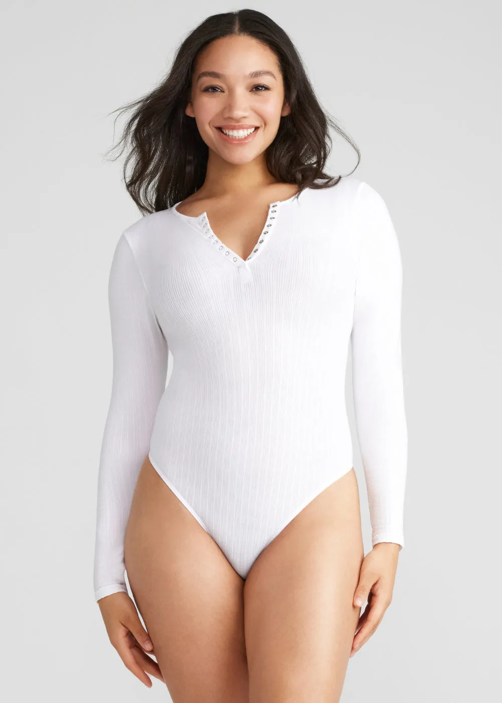 Katrina Henley Long Sleeve Thong Bodysuit - Cotton Rib Seamless