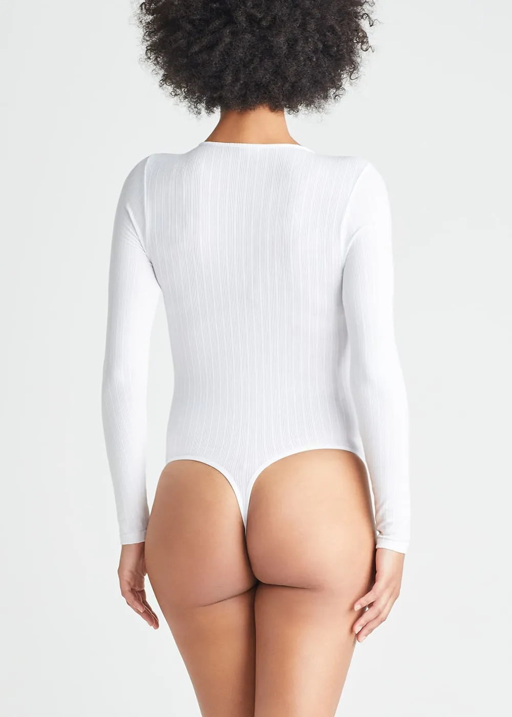 Katrina Henley Long Sleeve Thong Bodysuit - Cotton Rib Seamless