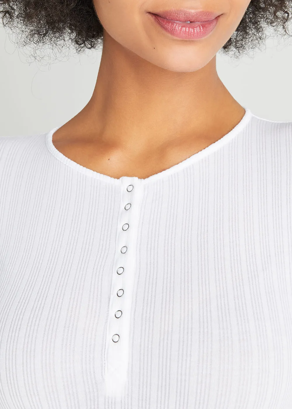 Katrina Henley Long Sleeve Thong Bodysuit - Cotton Rib Seamless