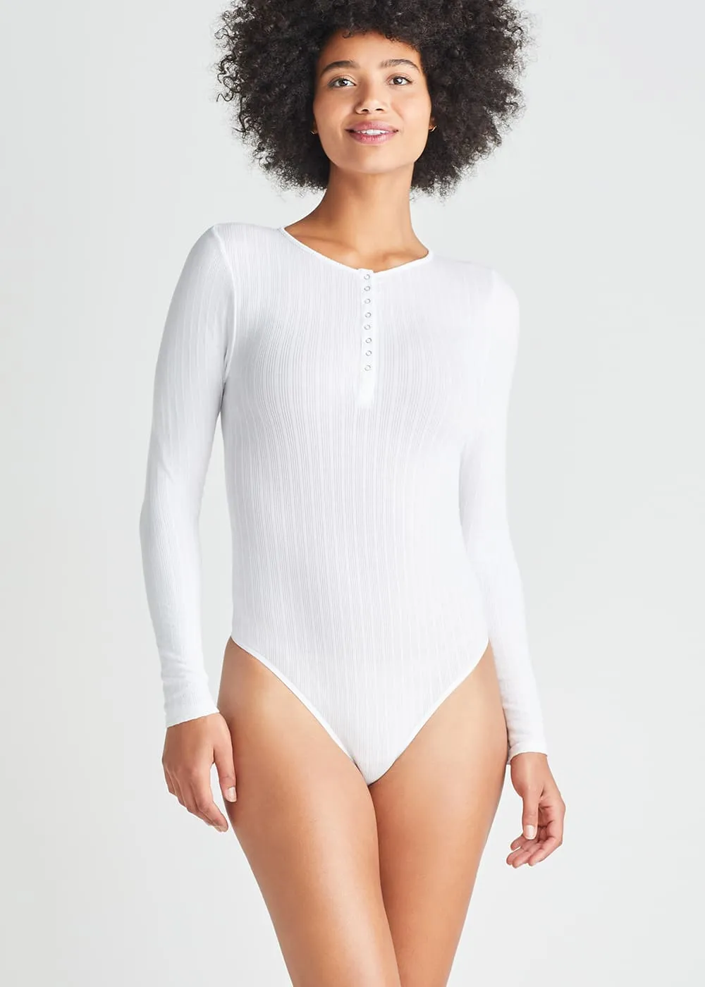 Katrina Henley Long Sleeve Thong Bodysuit - Cotton Rib Seamless
