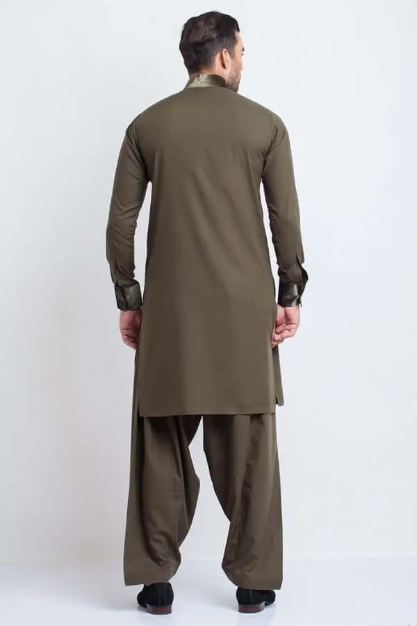 Khaki Green Soft Cotton Shalwar Kameez with Velvet Detailing