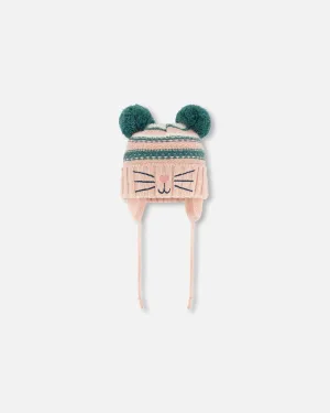 Knit Hat With Ears Light Pink Cat Face by Deux par Deux