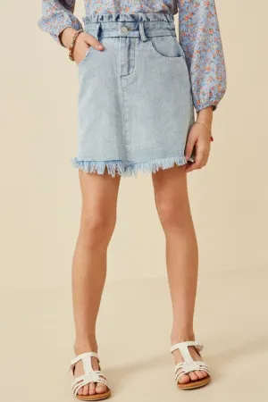 Light Denim Girls Washed Frayed Hem Paper Bag Denim Skirt