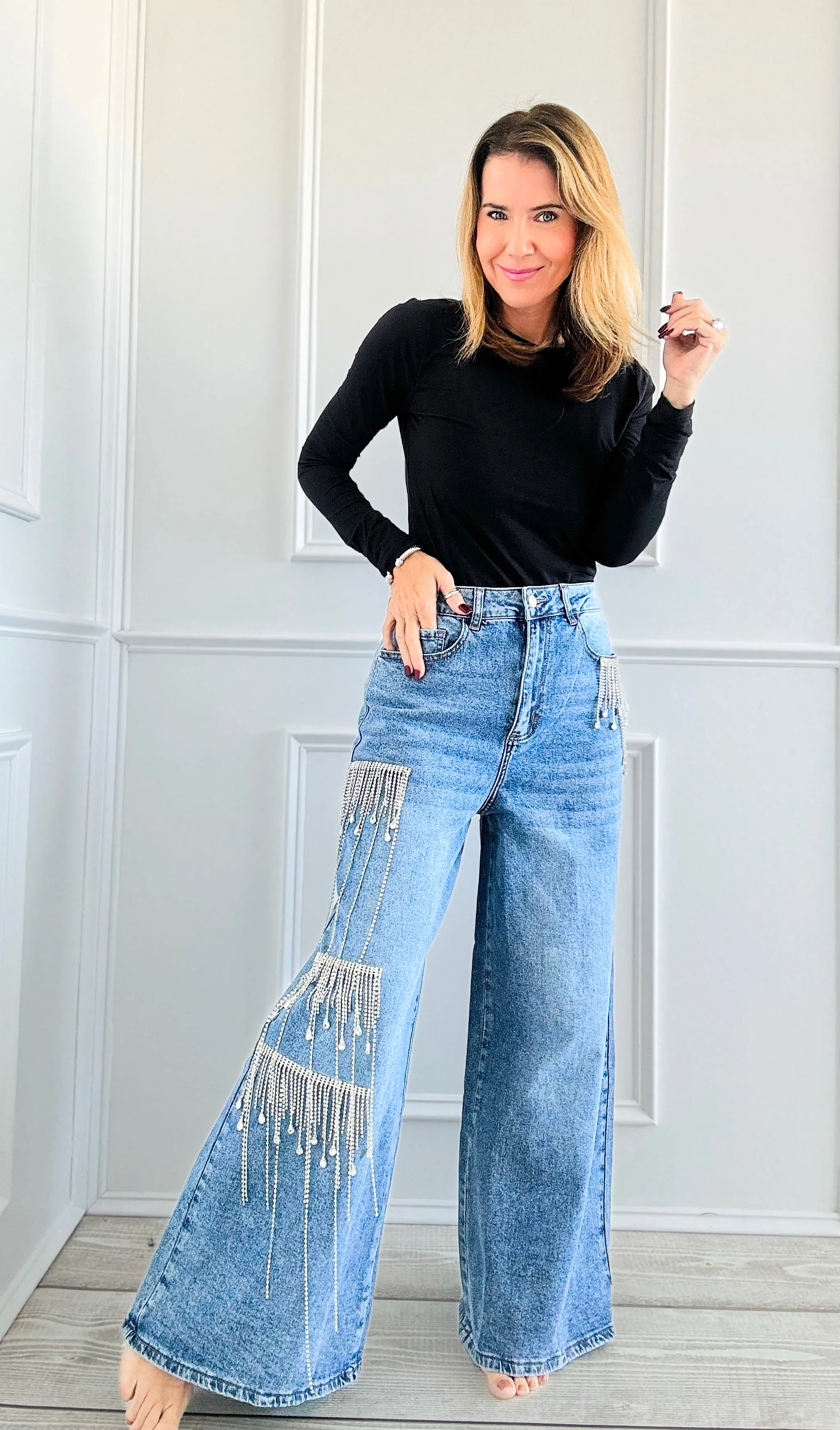 Luxe Sparkle Rhinestone Fringe Jeans