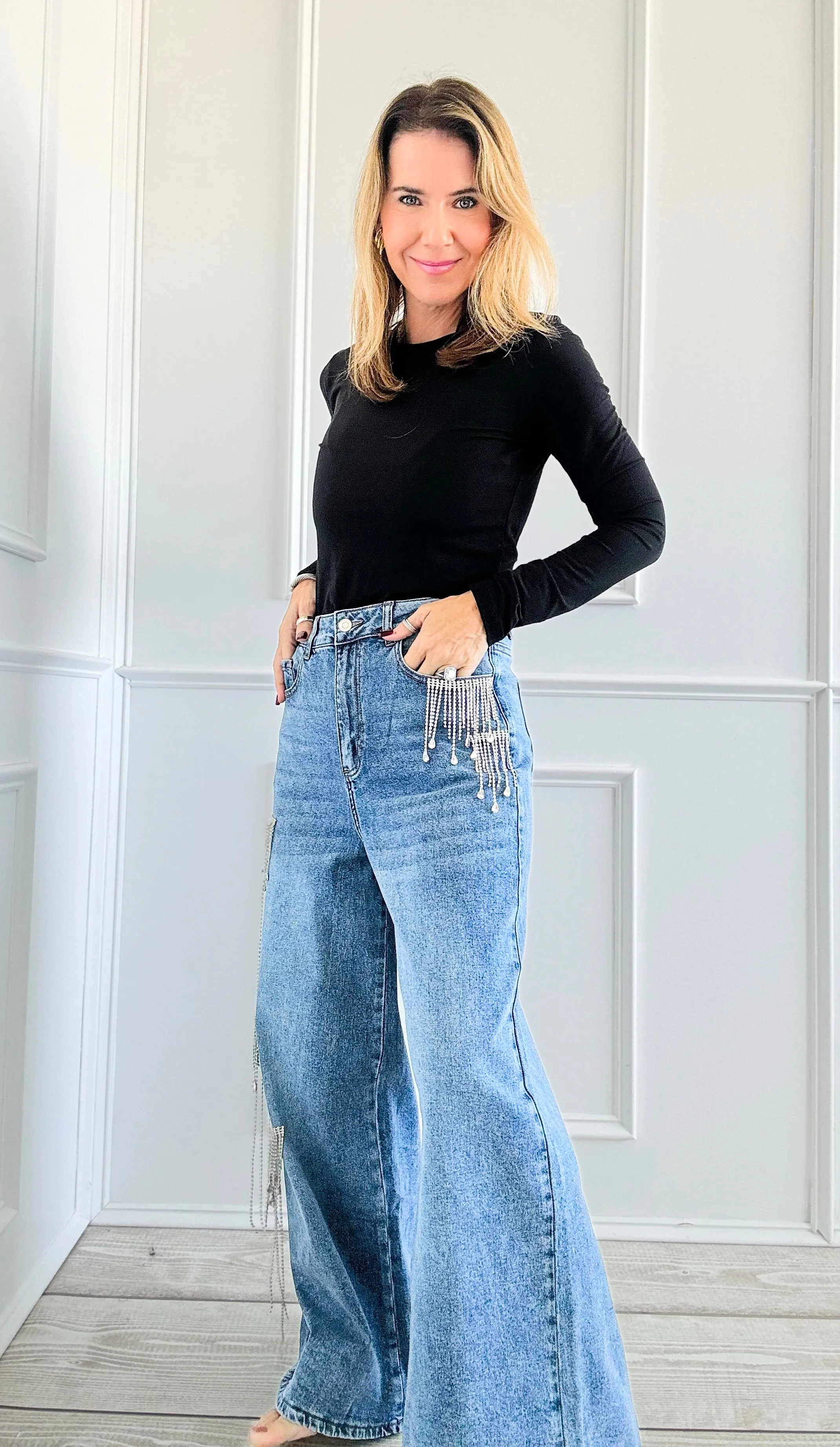 Luxe Sparkle Rhinestone Fringe Jeans