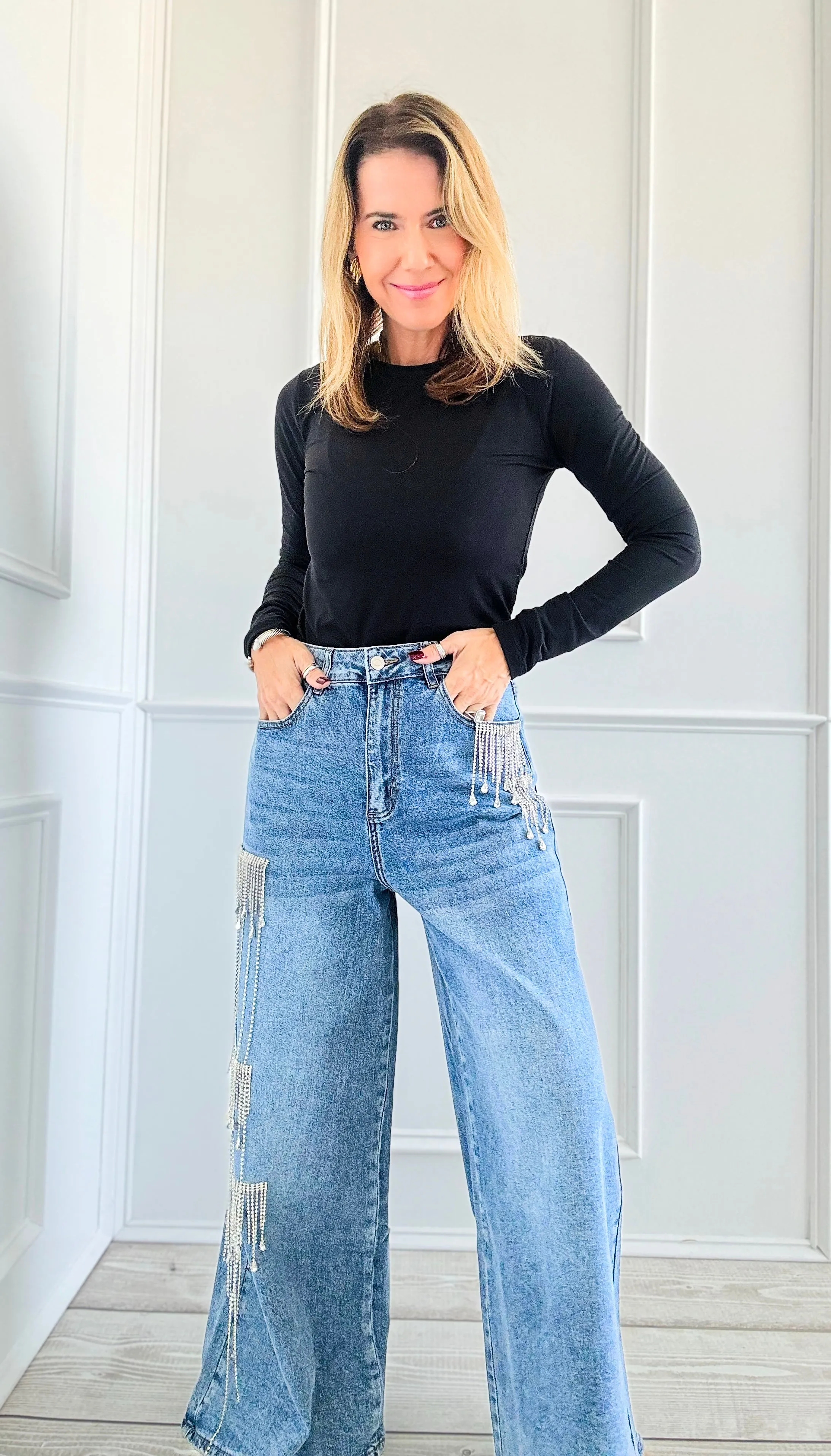 Luxe Sparkle Rhinestone Fringe Jeans