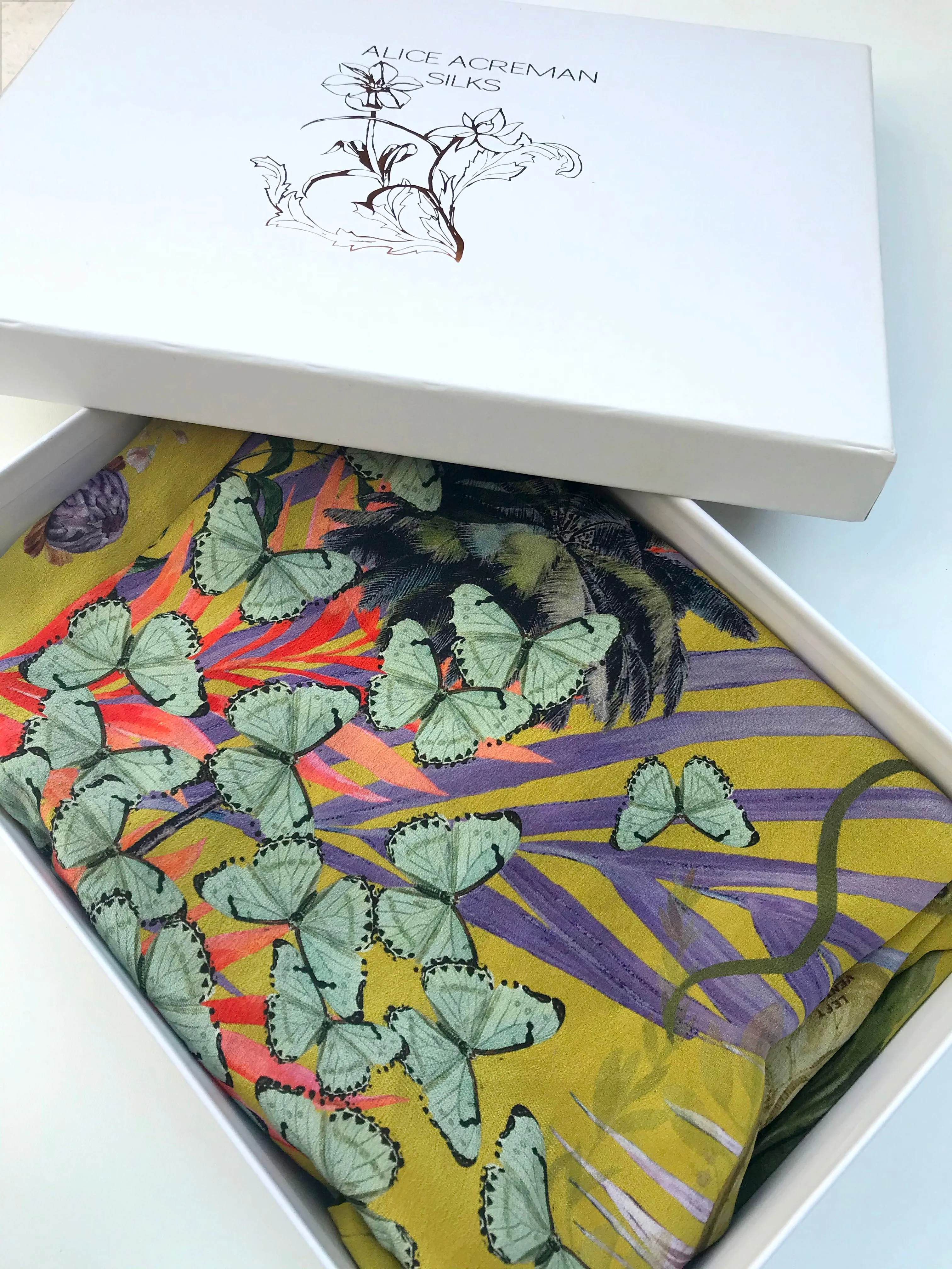 Luxury Lounge Silk Kimono Jacket in size S/M, handmade with unique botanical illustrations 'Enticement' print