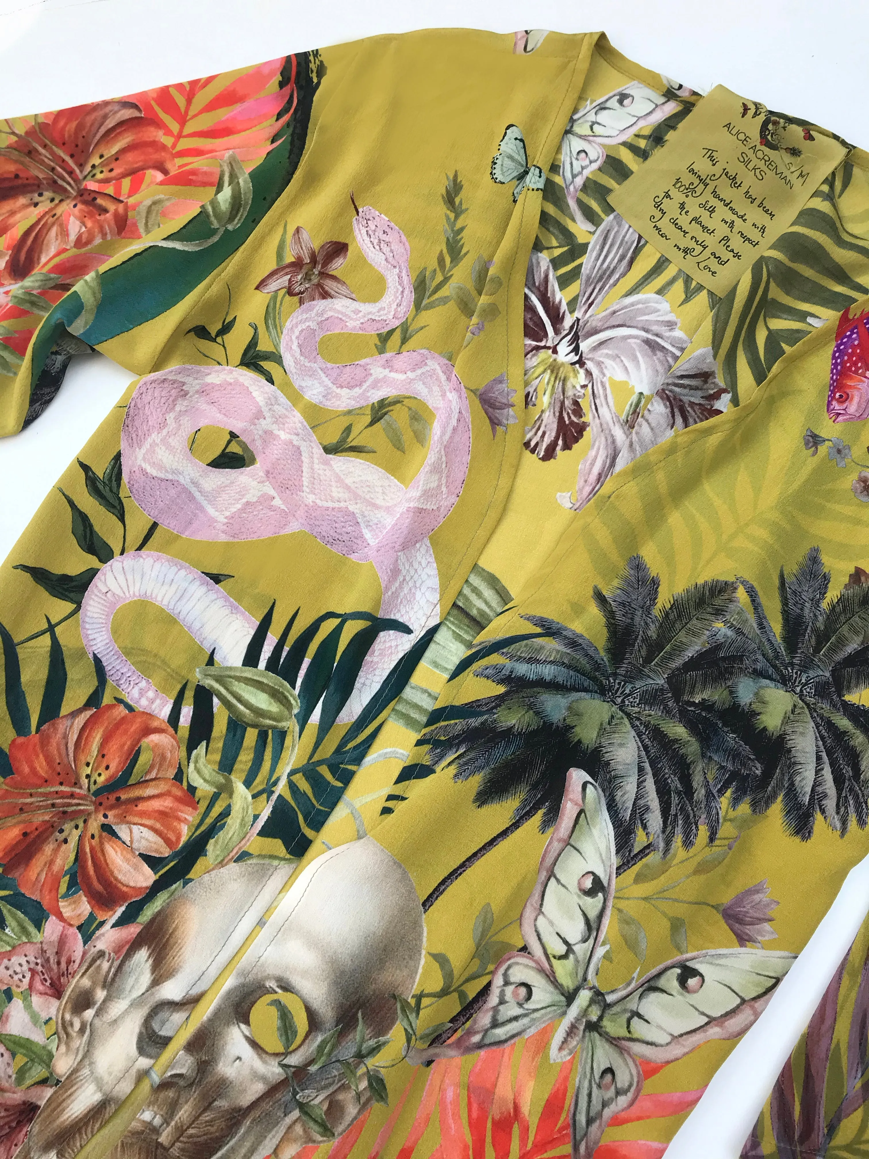 Luxury Lounge Silk Kimono Jacket in size S/M, handmade with unique botanical illustrations 'Enticement' print