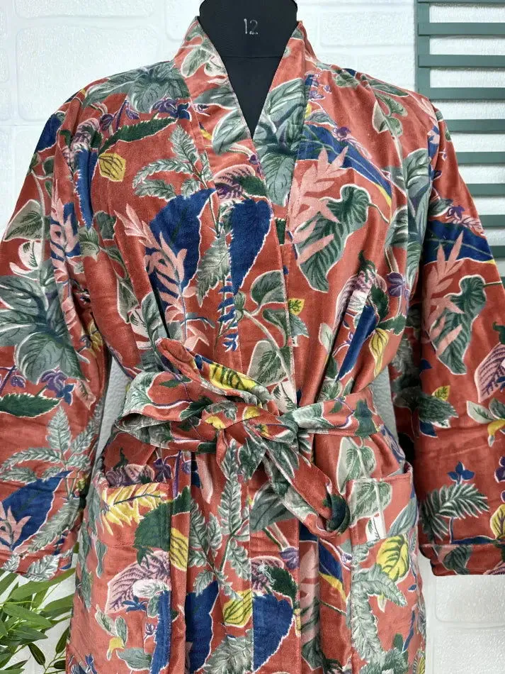 Luxury Velvet House Robe Unisex Kimono Jacket Reversible Silk Lined Autumn Winter Gift Elegant Floral Red Malibu Bluish Valentine Love