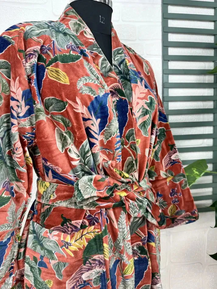 Luxury Velvet House Robe Unisex Kimono Jacket Reversible Silk Lined Autumn Winter Gift Elegant Floral Red Malibu Bluish Valentine Love