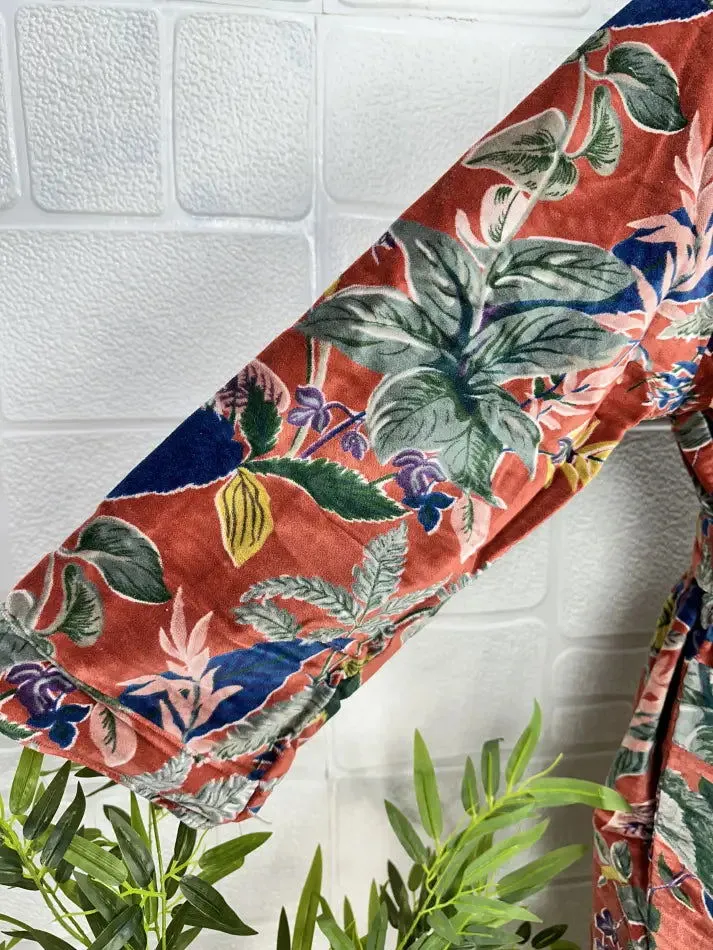 Luxury Velvet House Robe Unisex Kimono Jacket Reversible Silk Lined Autumn Winter Gift Elegant Floral Red Malibu Bluish Valentine Love