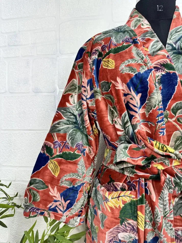 Luxury Velvet House Robe Unisex Kimono Jacket Reversible Silk Lined Autumn Winter Gift Elegant Floral Red Malibu Bluish Valentine Love