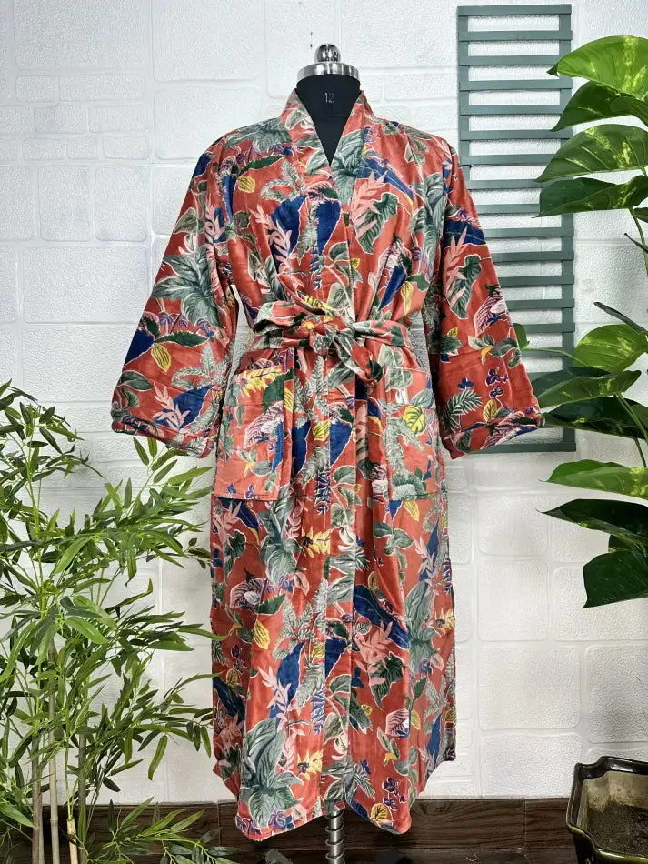 Luxury Velvet House Robe Unisex Kimono Jacket Reversible Silk Lined Autumn Winter Gift Elegant Floral Red Malibu Bluish Valentine Love