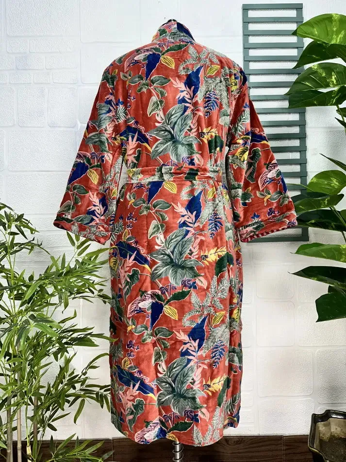 Luxury Velvet House Robe Unisex Kimono Jacket Reversible Silk Lined Autumn Winter Gift Elegant Floral Red Malibu Bluish Valentine Love