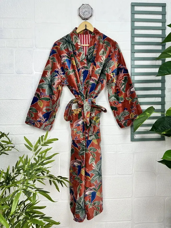 Luxury Velvet House Robe Unisex Kimono Jacket Reversible Silk Lined Autumn Winter Gift Elegant Floral Red Malibu Bluish Valentine Love
