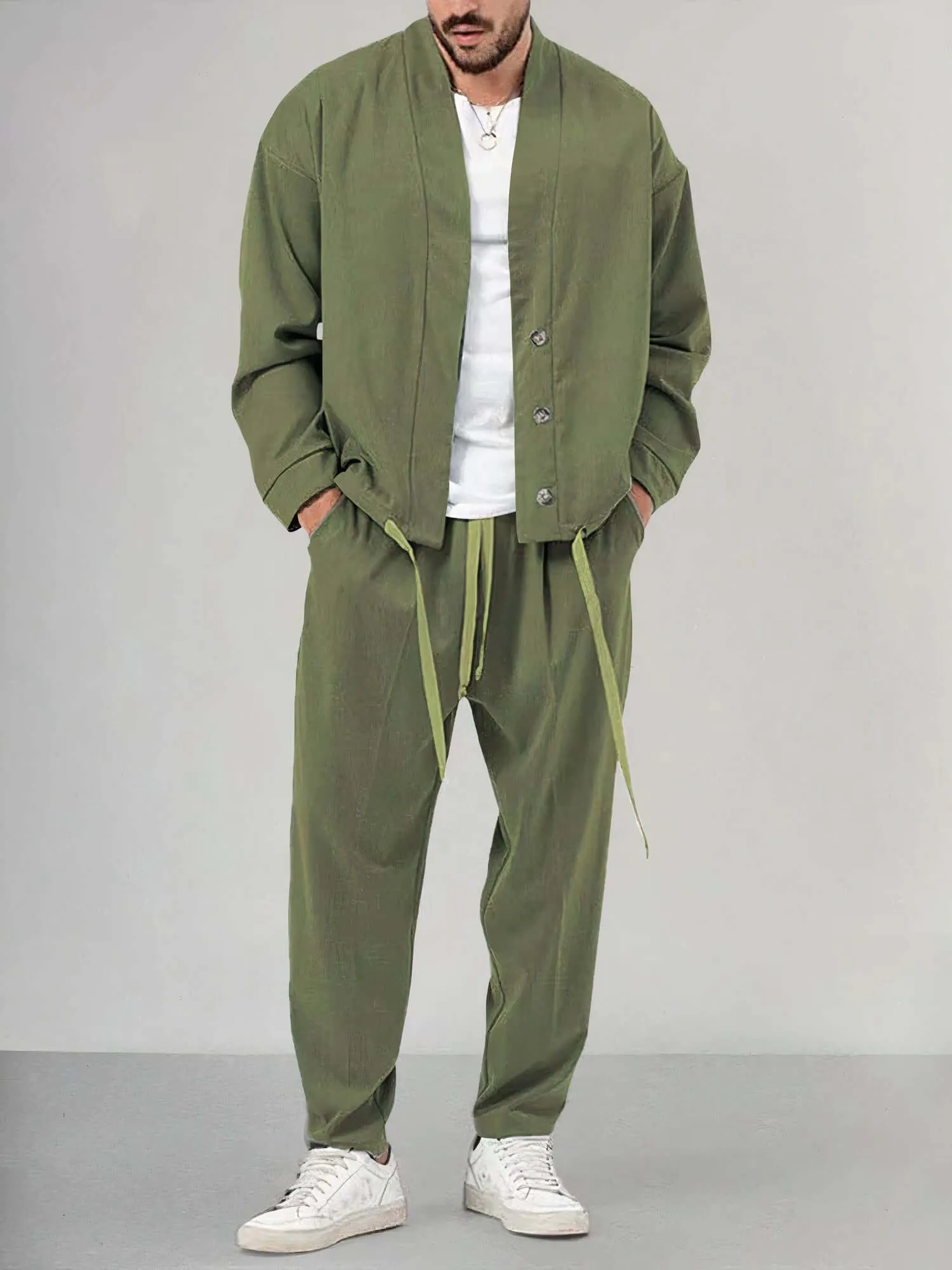 Men's Relaxed Kimono Jacket & Trousers Set: Breathable Cotton Blend