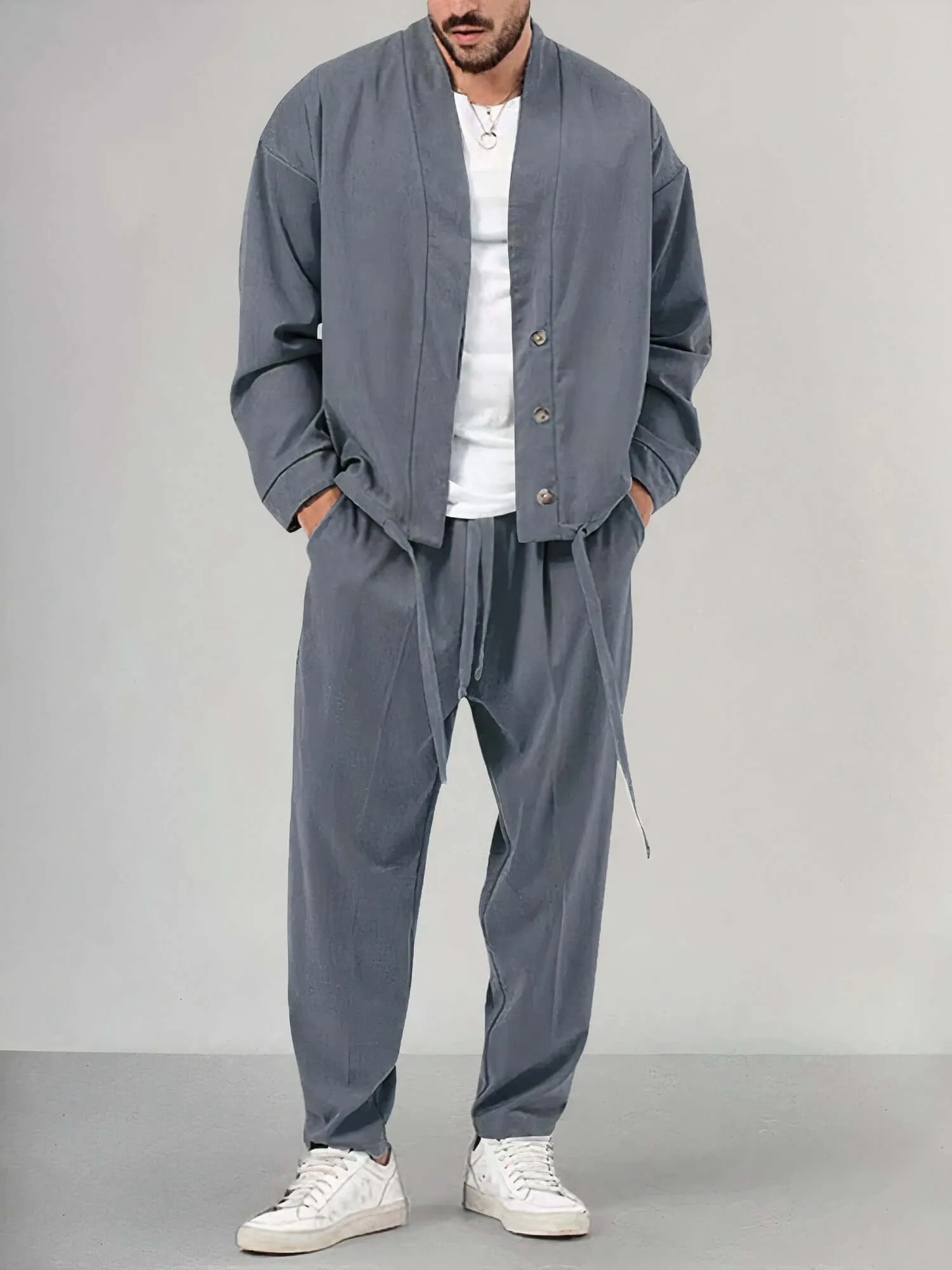 Men's Relaxed Kimono Jacket & Trousers Set: Breathable Cotton Blend