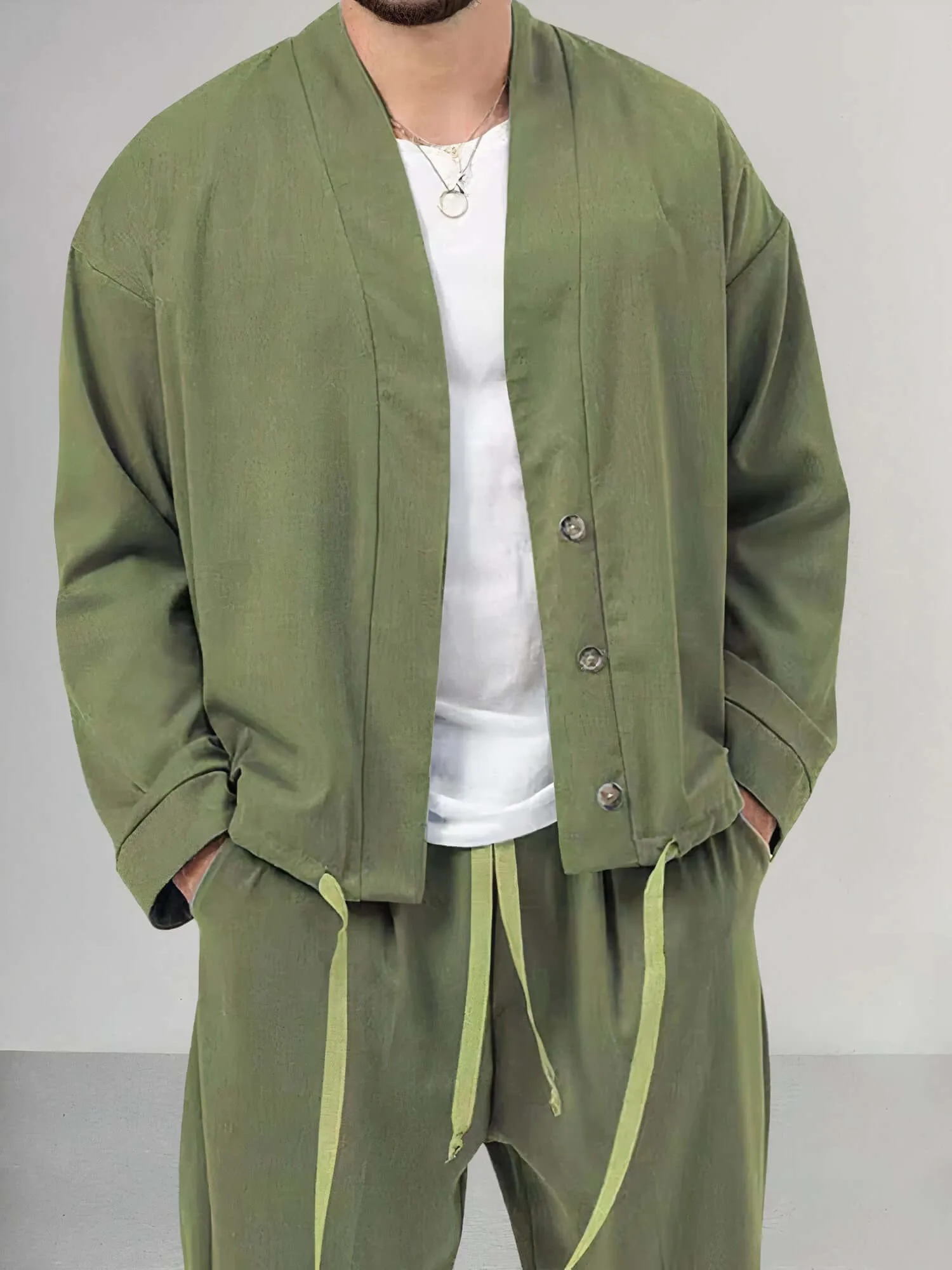 Men's Relaxed Kimono Jacket & Trousers Set: Breathable Cotton Blend
