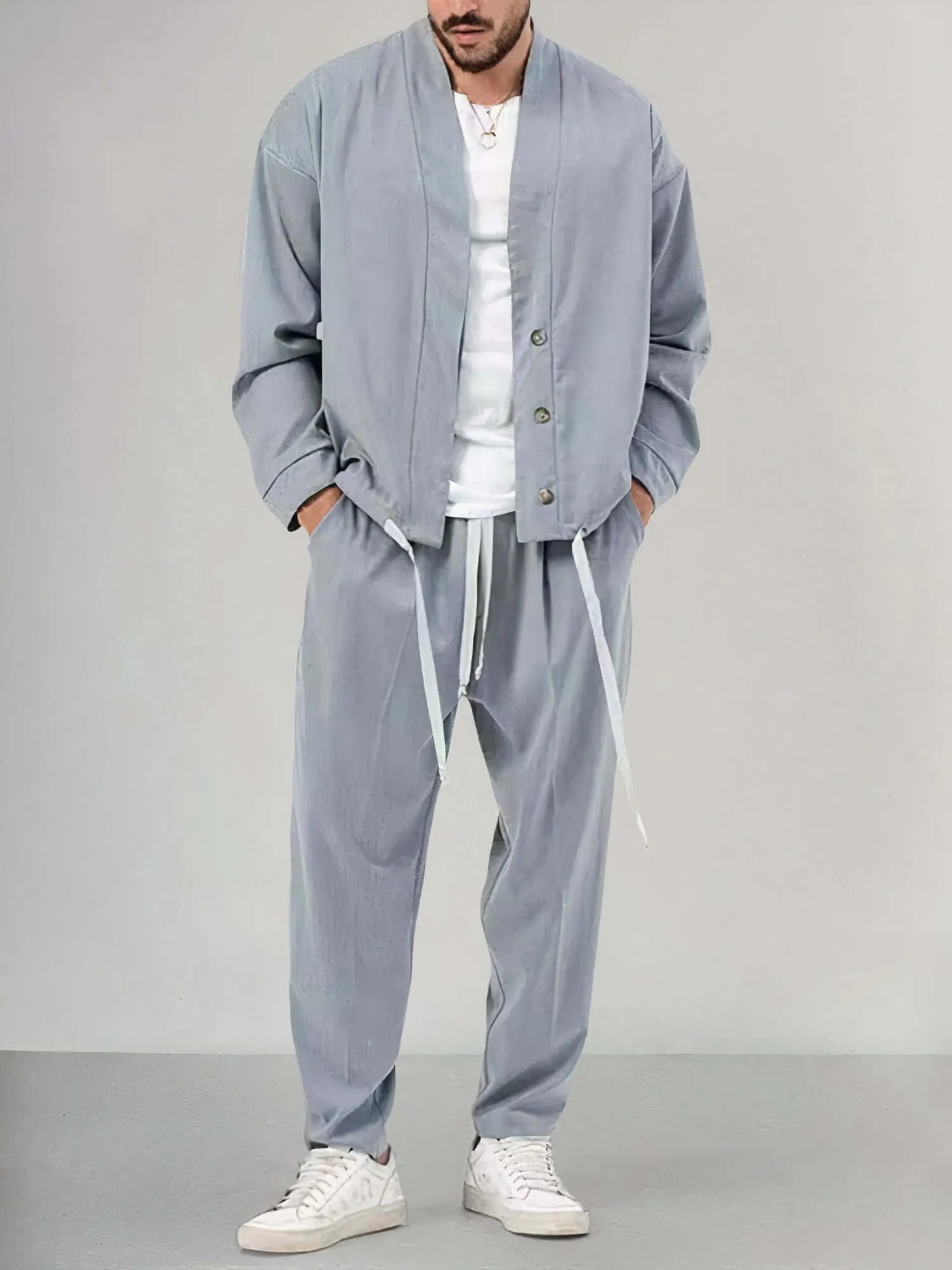 Men's Relaxed Kimono Jacket & Trousers Set: Breathable Cotton Blend