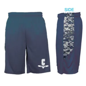 MOISTURE WICKING SHORTS w/ POCKETS /  NAVY w/ DIGITAL CAMO TRIM